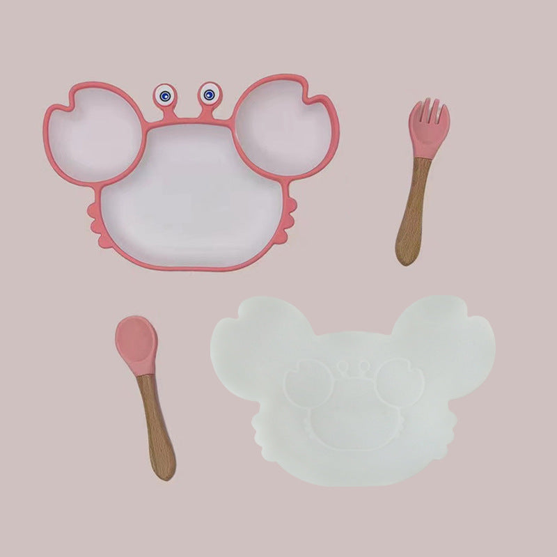 Assiette crabe rose avec cuillère et fourchette — lot de trois pièces