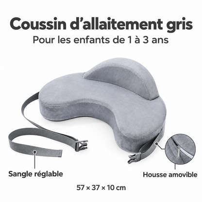 Coussin gris pour enfants de 1 à 3 ans : sangle réglable, housse amovible, dimensions 57 × 37 × 10 cm