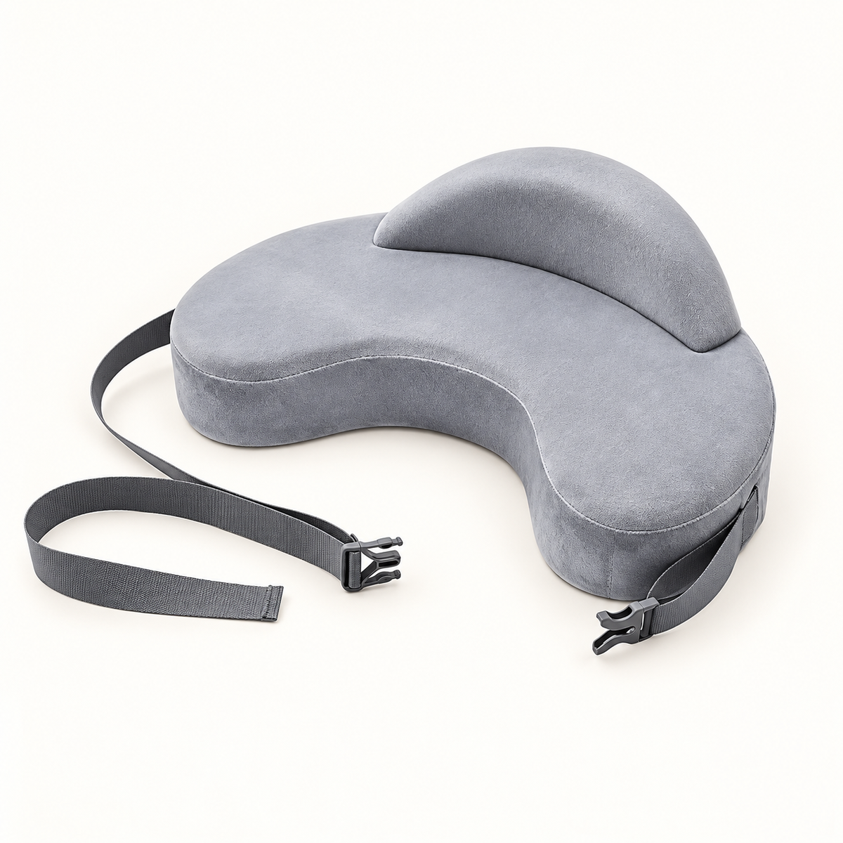 Vue illustrative du coussin d’allaitement gris avec sangle et boucle