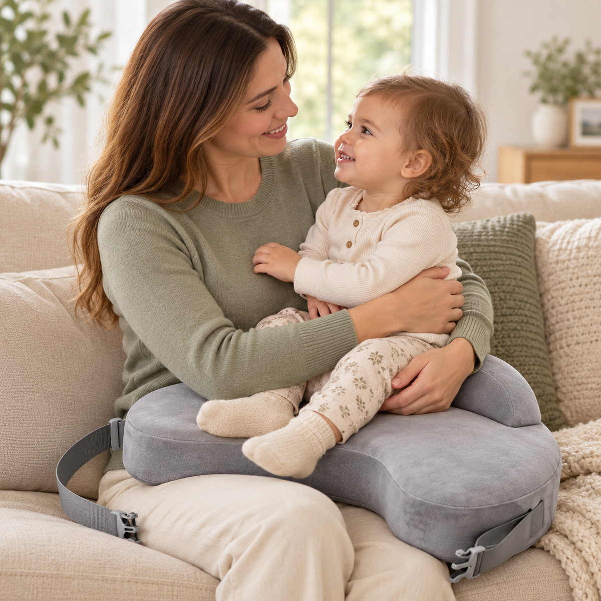 Illustration : maman tenant son enfant sur ses genoux avec le coussin gris
