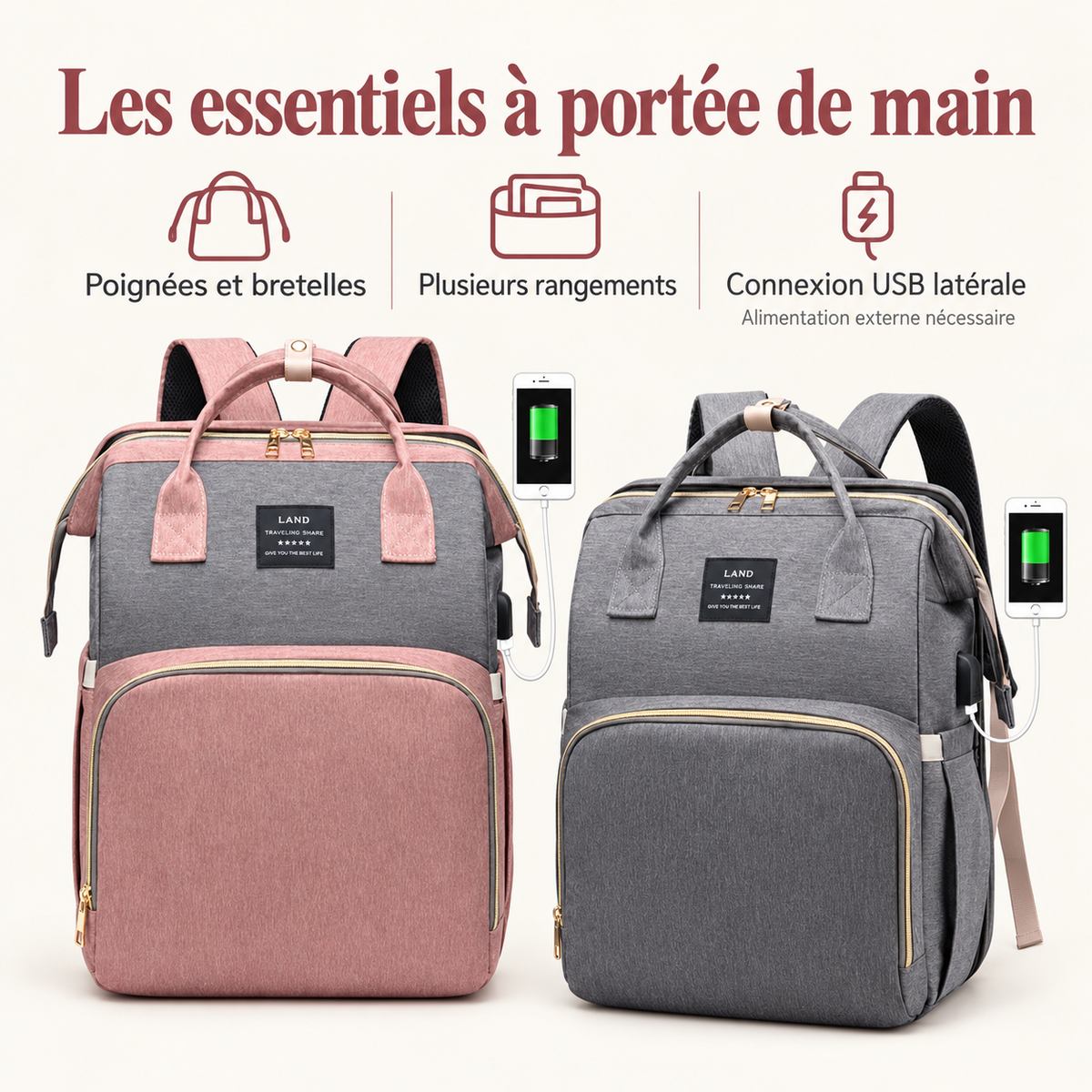 Sac à langer rose et gris et modèle gris : poignées, bretelles, rangements et connexion USB avec alimentation externe nécessaire