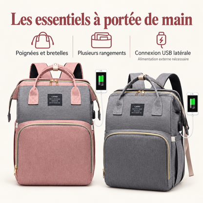 Sac à langer rose et gris et modèle gris : poignées, bretelles, rangements et connexion USB avec alimentation externe nécessaire